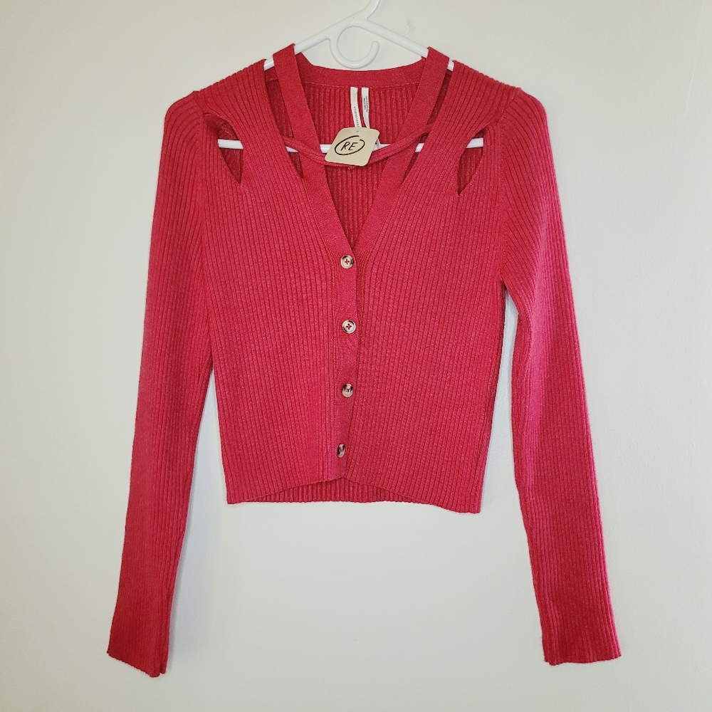 By Anthropologie Cardigan Womens Red Small V-Neck Strappy Ribbed Sweater Cropped